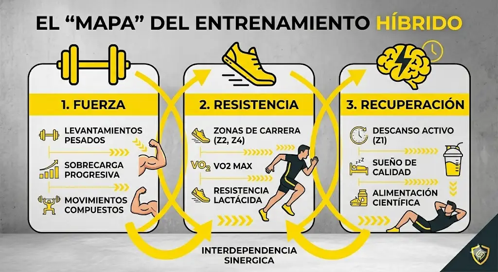Infografía del mapa del entrenamiento híbrido OpenGym.es mostrando los tres pilares: fuerza, resistencia y recuperación con iconos negros y amarillos de marca.