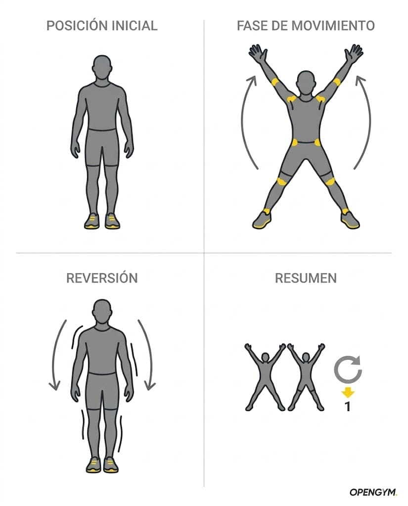 Jumping jacks lentos: variación controlada de saltos con piernas abiertas