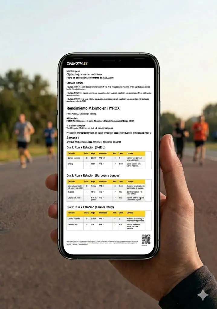 Captura de ejemplo del plan Hyrox personalizado: sesiones con carrera y trabajo de estación